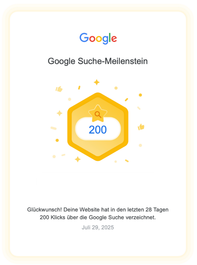 Ein Screenshot des Google Meilensteins mit 200 Webseitenbesuchern innerhalb von 28 Tagen, das ist ein SEO Erfolg von Anna Hopfengärtner